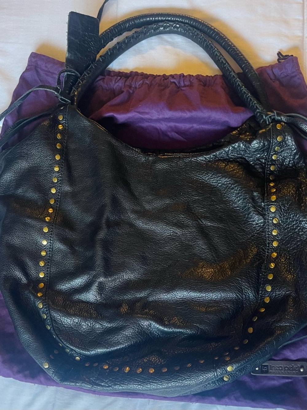 Linea Pelle Black soft Leather large purse with Gold Stud Accents